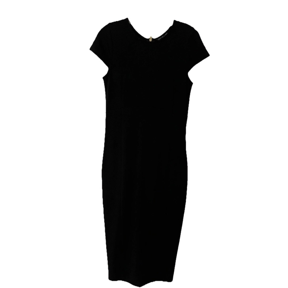 Women's Black Midi Body Con Capped Sleeved Zippered Dress Size Med Classy Sexy - Picture 2 of 10
